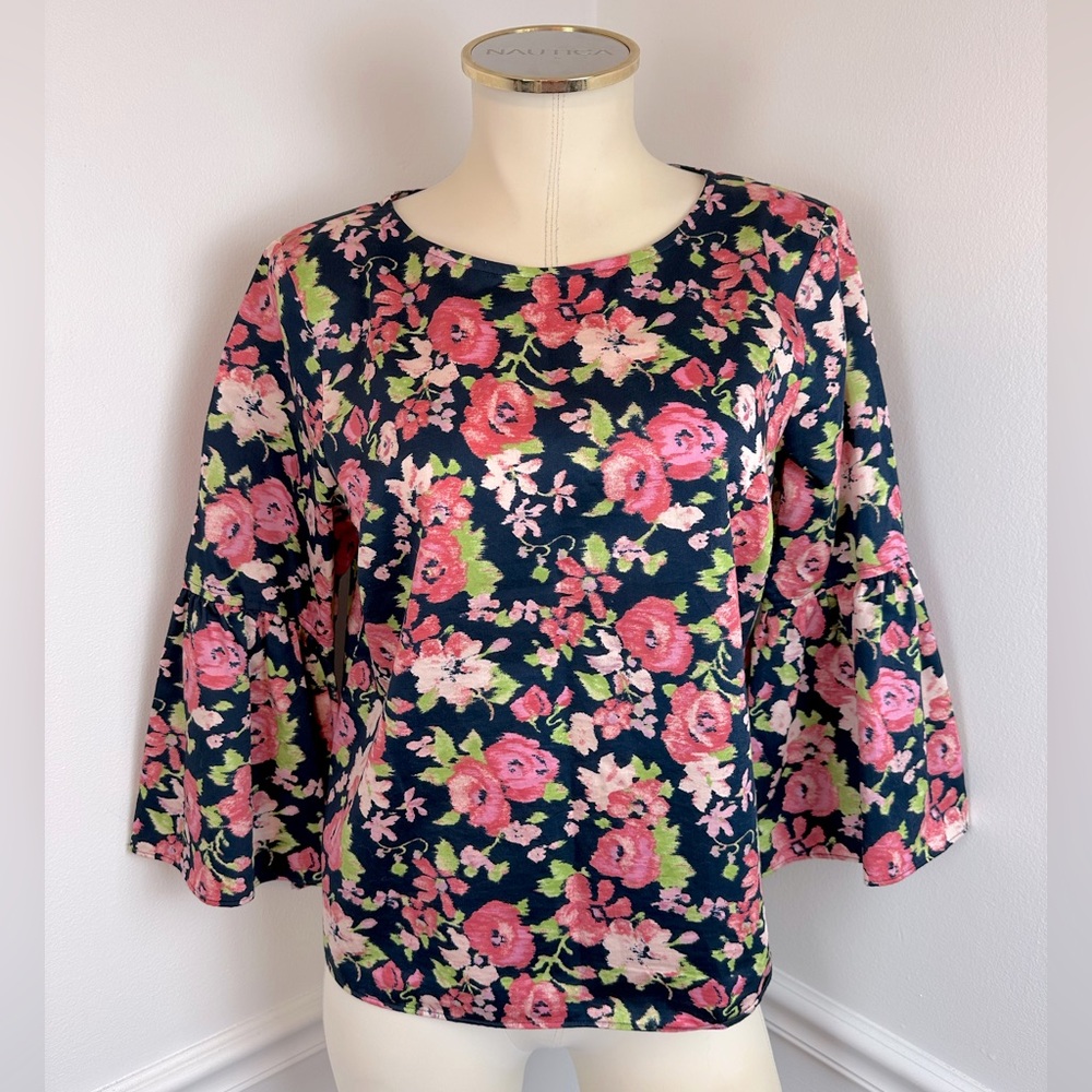 BROOKS BROTHERS Lightweight Navy & Pink Floral Top Bell Sleeves | Size 8